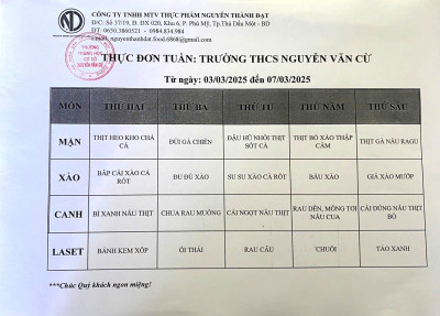 Thực đơn bán trú từ 03/3 đến 07/3/2025