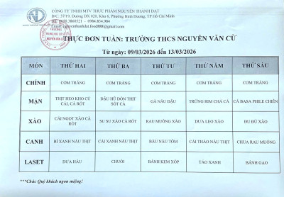 Thực đơn bán trú tuần 27 từ 09/03 đến 13/03/2026