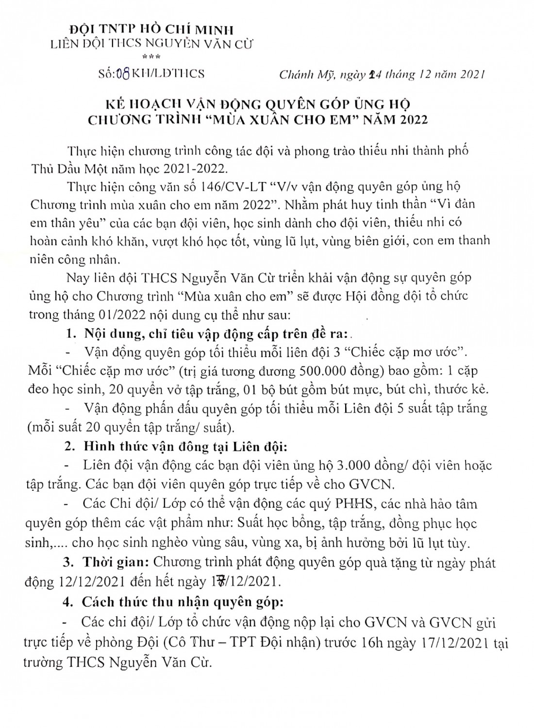 Kế hoạch vận động quyên góp ủng hộ chương trình "Mùa xuân cho em" năm 2022