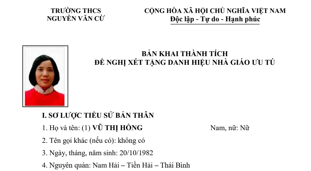Bản khai thành tích đề nghị xét tặng danh hiệu Nhà Giáo Ưu Tú
