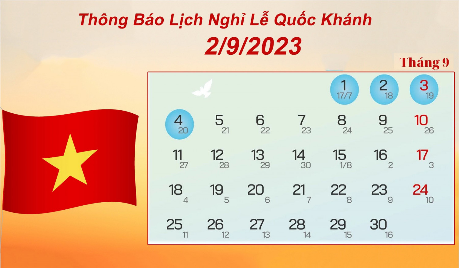 Thông báo nghỉ lễ Quốc khánh năm 2023 và Lễ khai giảng năm học mới 2023 - 2024