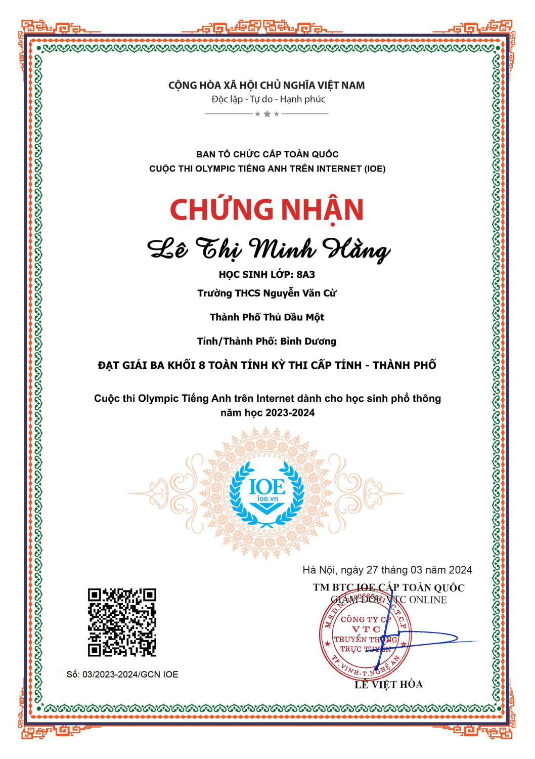 Giai Ba cấp tỉnh Vòng Tỉnh Hằng 8A3