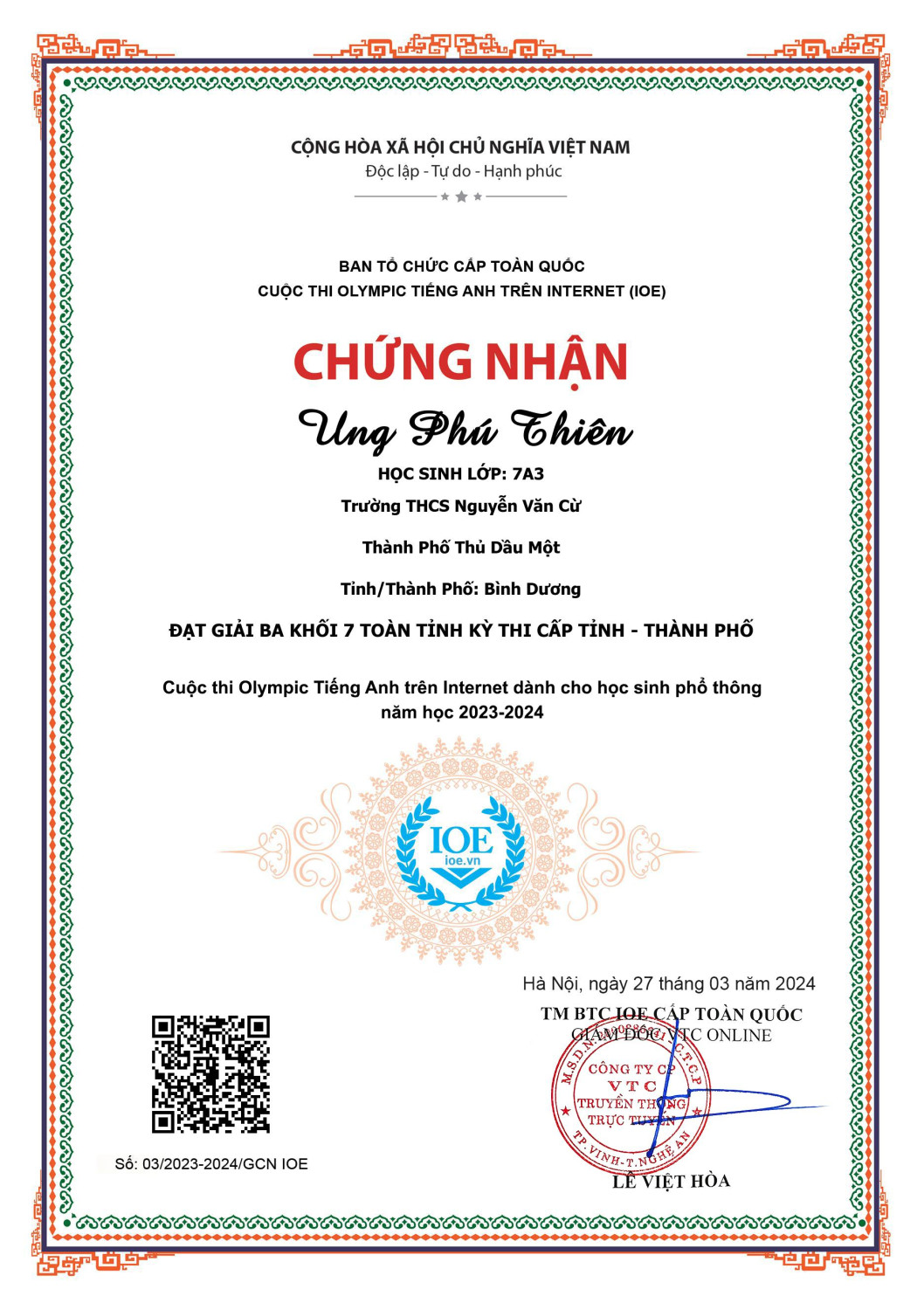 Giai Ba cấp tỉnh Vòng Tỉnh Thiên 7A3