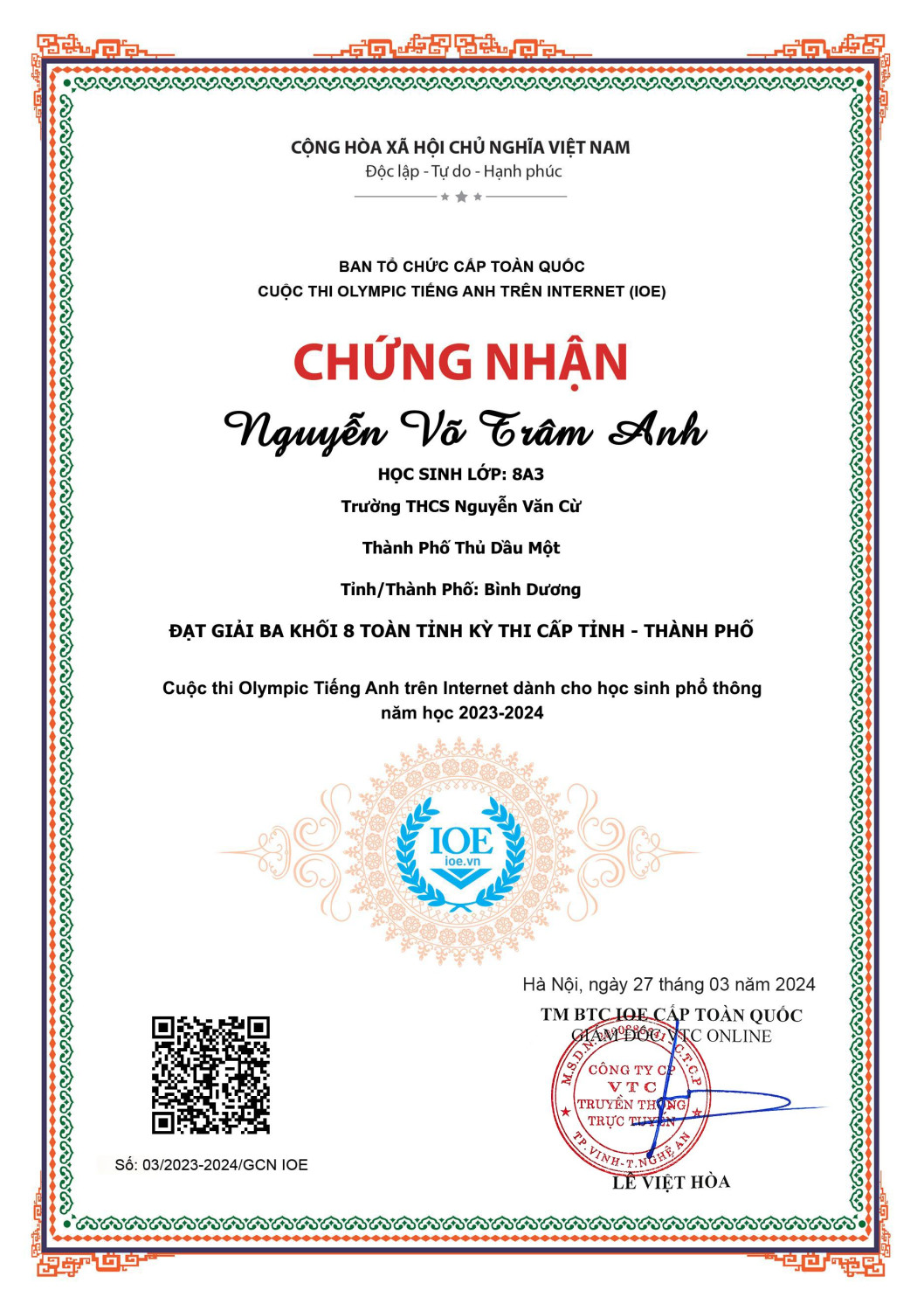 Giai Ba cấp tỉnh Vòng Tỉnh Trâm Anh 8A3