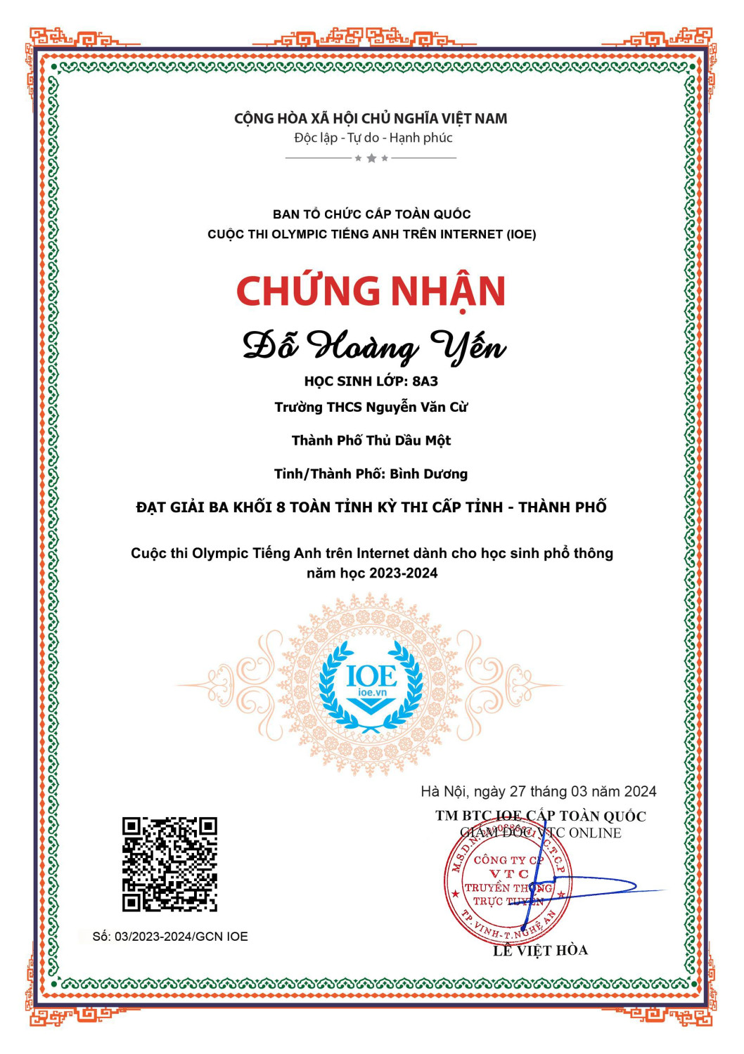 Giai Ba cấp tỉnh Vòng Tỉnh Yến 8A3
