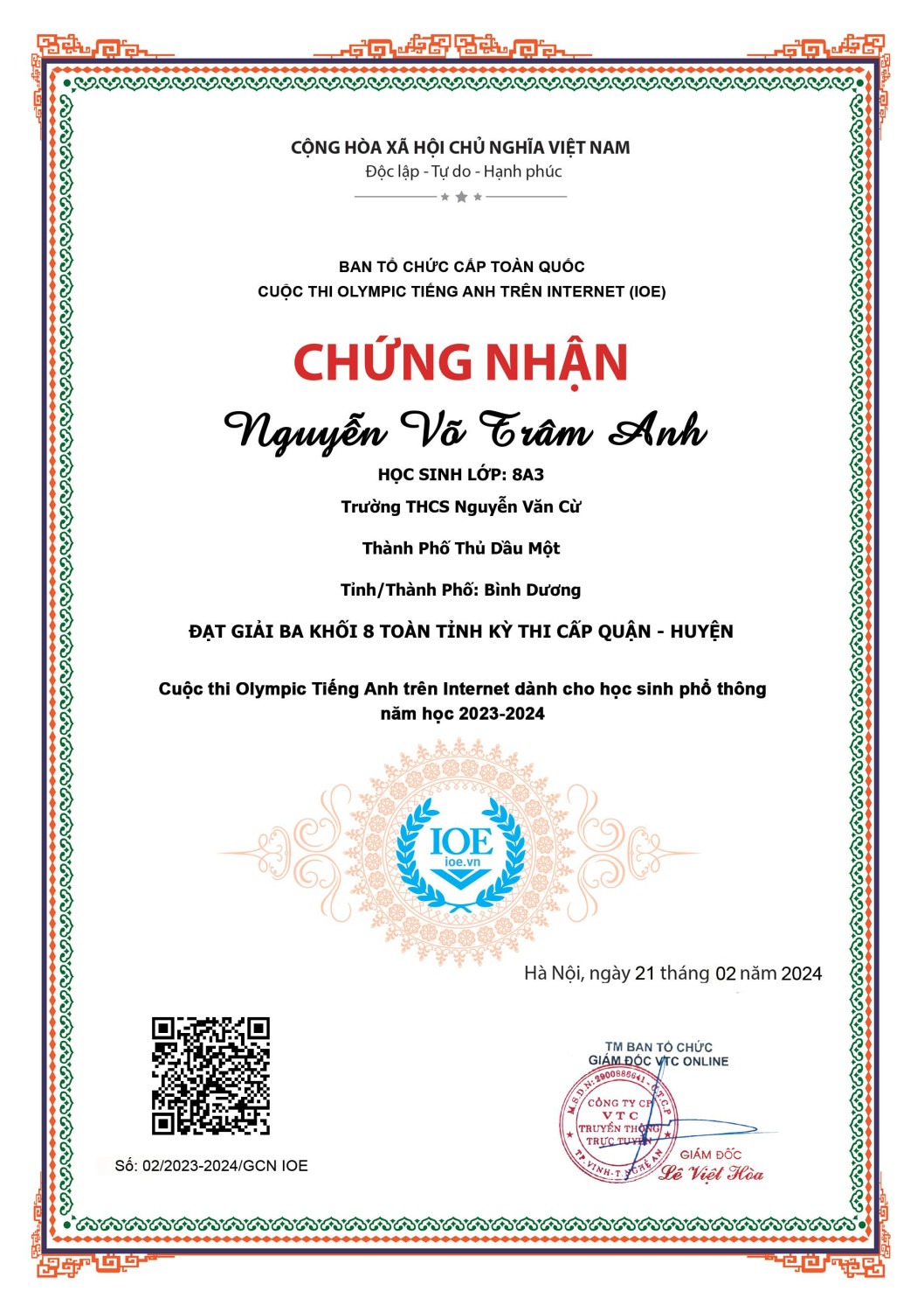 Giai Ba cấp tỉnh Vòng Tp Trâm Anh 8A3