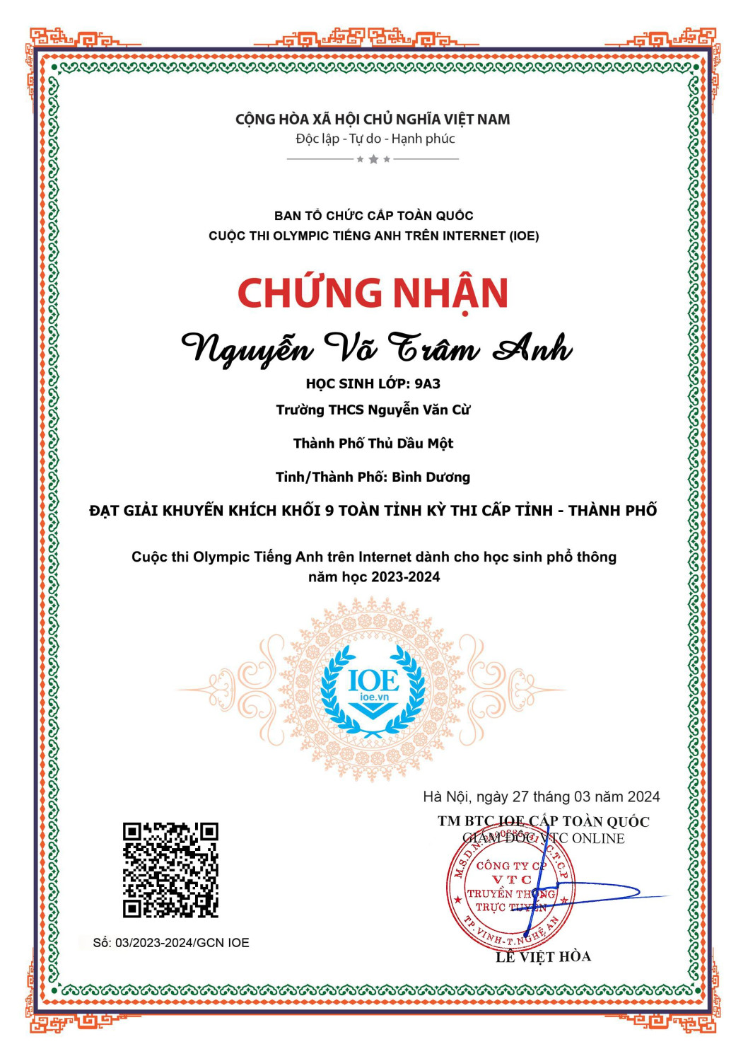 Giai KK cấp tỉnh Vòng Tỉnh Trâm Anh 9A3 ( 8A3 thi vượt khối )