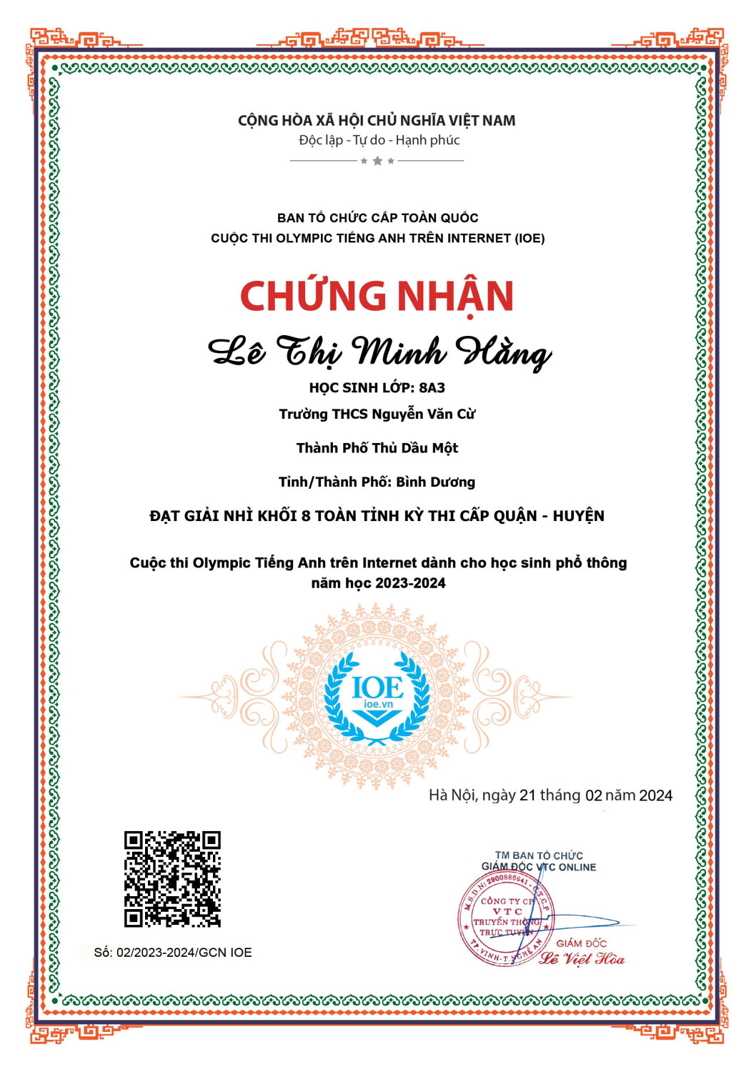 Giai Nhi cấp tỉnh Vòng Tp Hằng 8A3