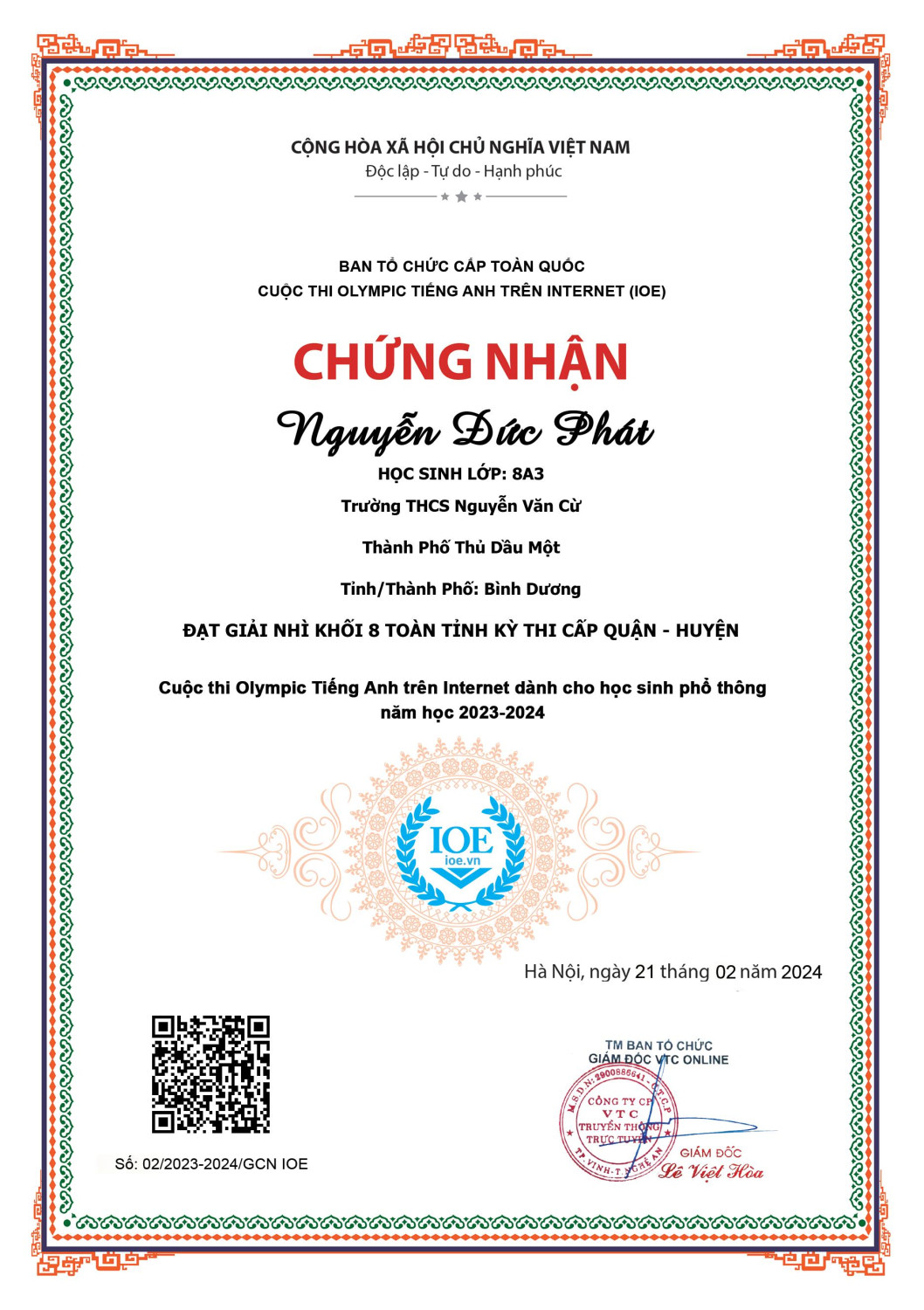 Giai Nhi cấp tỉnh Vòng Tp Phát 8A3