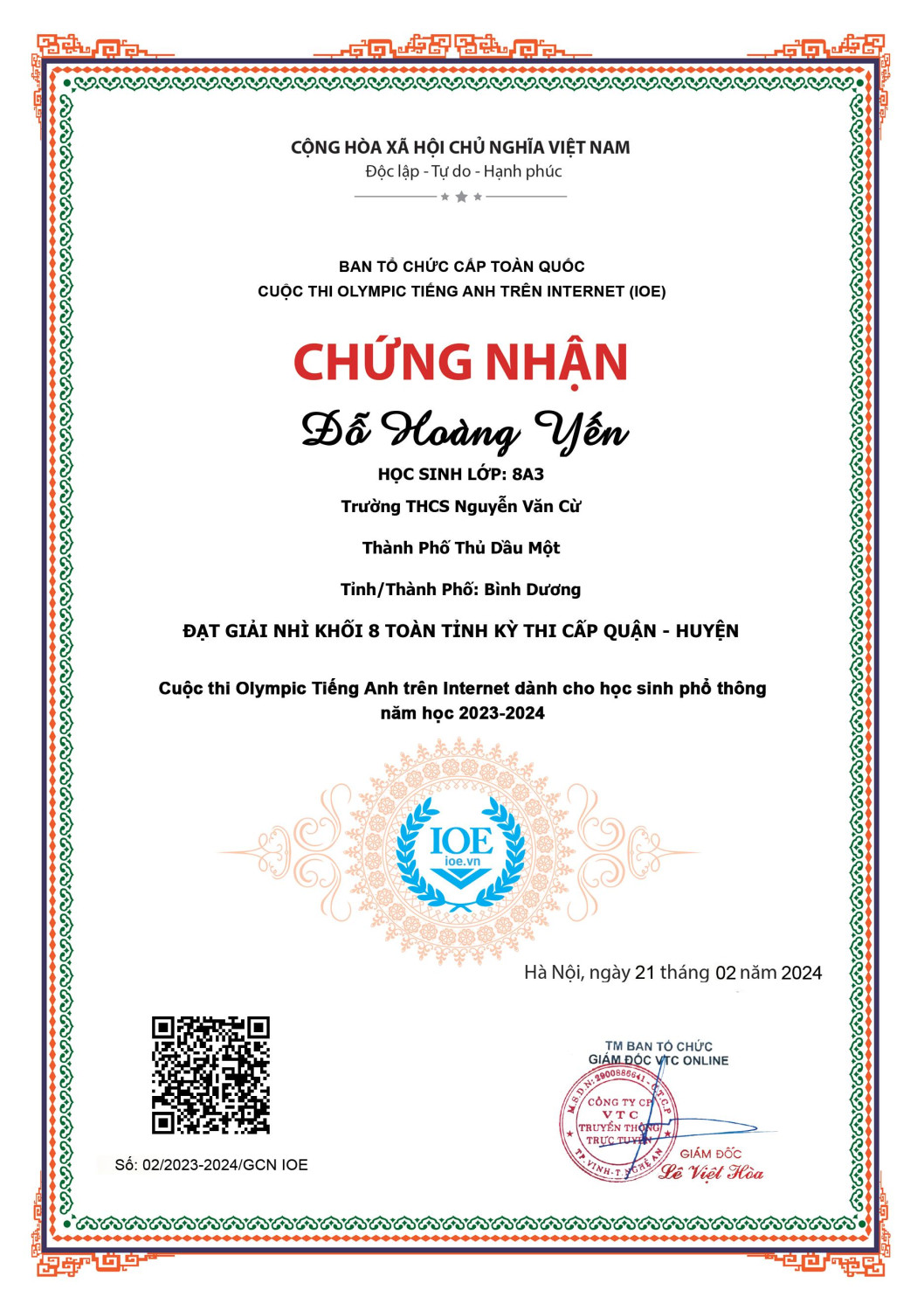 Giai Nhi cấp tỉnh Vòng Tp Yến 8A3