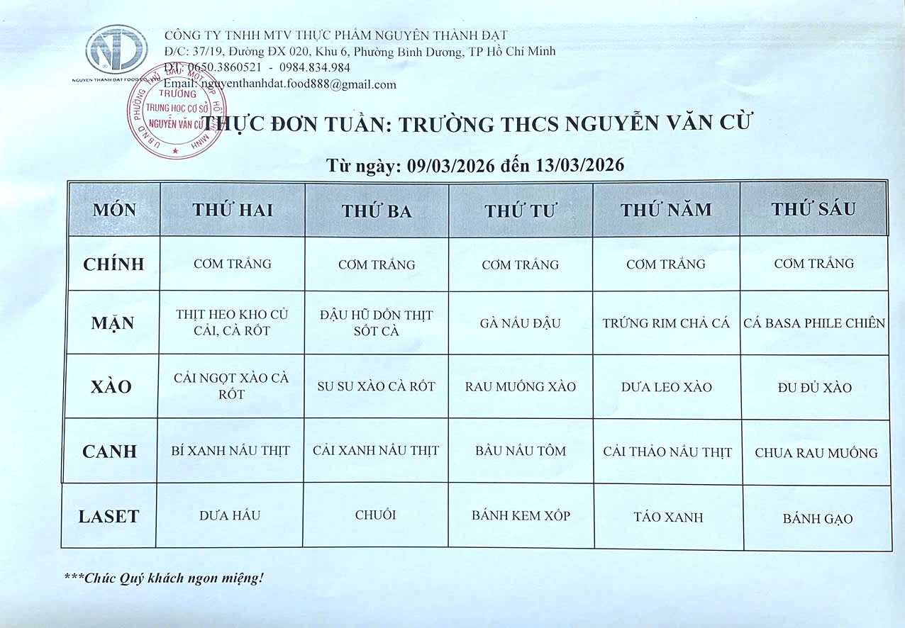 Thực đơn bán trú tuần 27 từ 09/03 đến 13/03/2026
