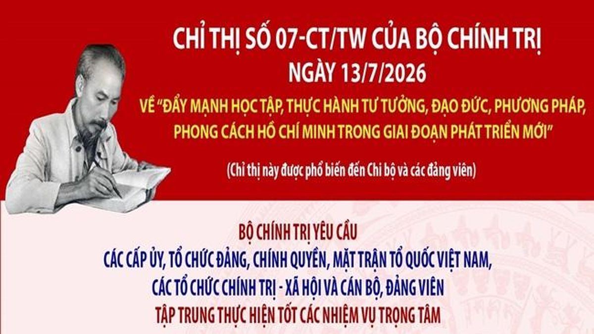 Chỉ thị số 07-CT/TW ngày 13/7/2026 của Bộ Chính trị về "Đẩy mạnh học tập, thực hành tư tưởng, đạo đức, phương pháp, phong cách Hồ Chí Minh trong giai đoạn phát triển mới"